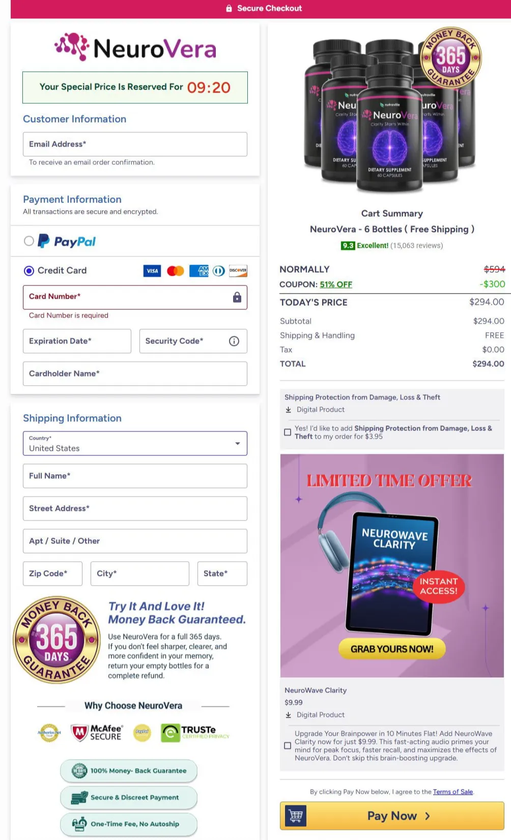 NeuroVera checkout page